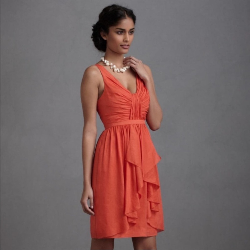 Anthropologie BHLDN Quillaree Vivacity Orange Silk Linen Dress Size 6 Like New